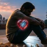 Silhouette of a person sitting alone with a cracked heart symbol, representing heartbreak.