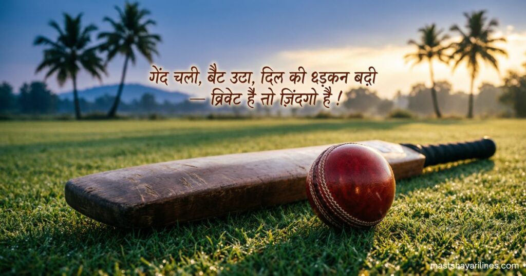 Cricket bat and ball on a green field with Hindi shayari text overlay.