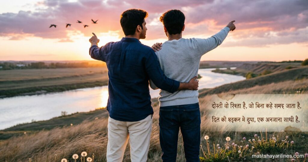 Two friends smiling together at sunset with Hindi friendship shayari text on the image.