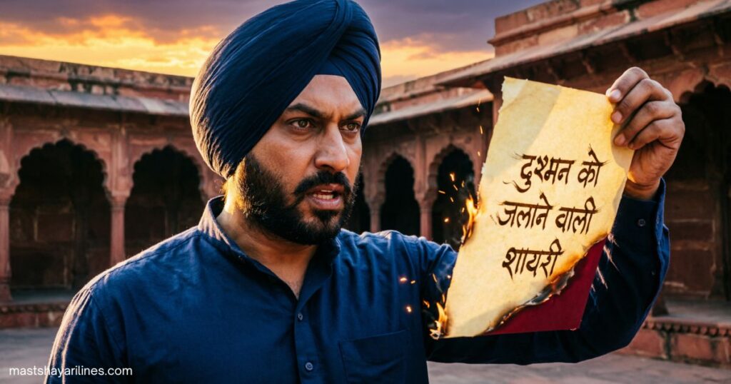 A glowing candle in a dark background with the Hindi title “Dushman Ko Jalane Wali Shayari.”