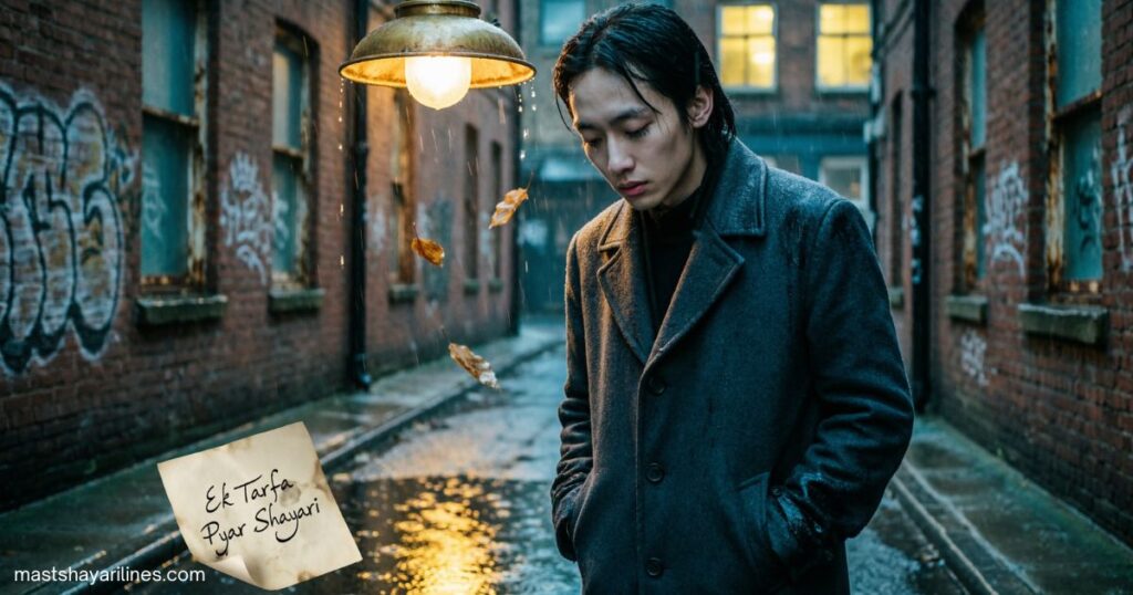 A lone figure under a streetlight, lost in thoughts of one-sided love.