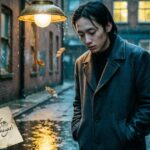 A lone figure under a streetlight, lost in thoughts of one-sided love.