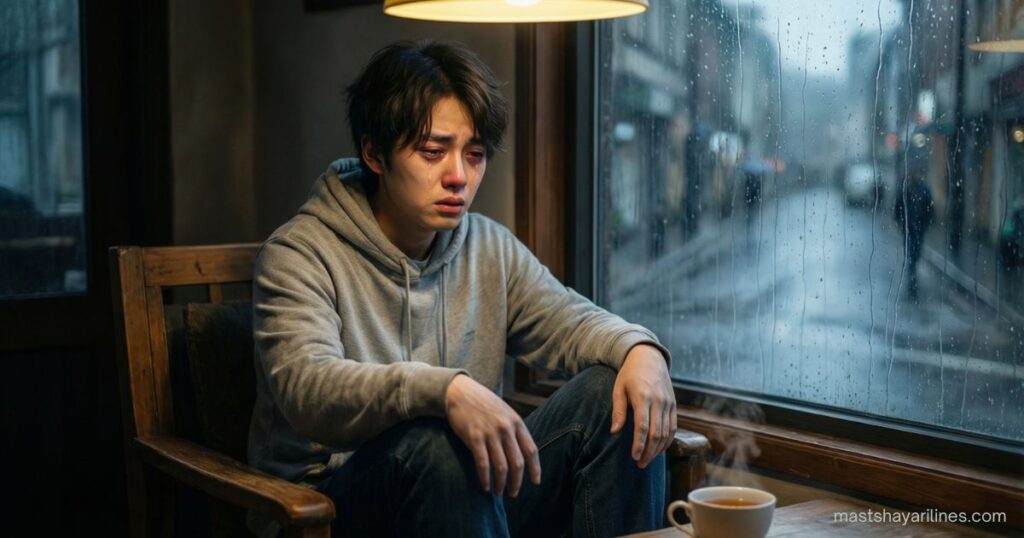 A person sitting alone by a rainy window, looking sad and lost in thought.