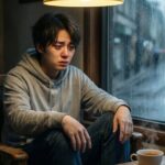 A person sitting alone by a rainy window, looking sad and lost in thought.