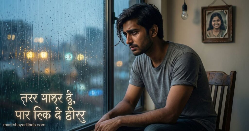 “Person alone by a rainy window, reflecting sadness, with Hindi shayari text.”