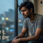 “Person alone by a rainy window, reflecting sadness, with Hindi shayari text.”