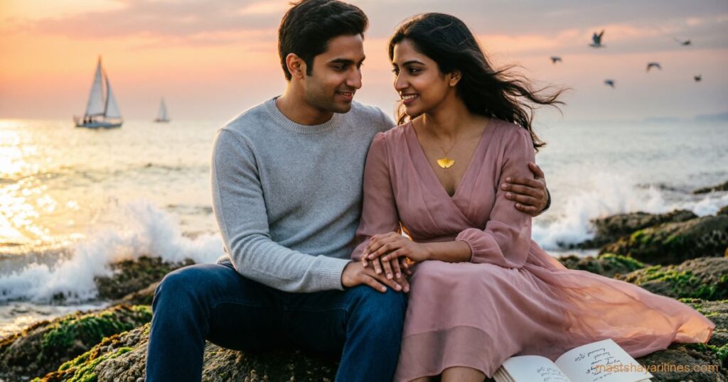 A couple sitting close together at sunset, sharing a romantic moment.