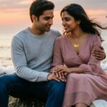 A couple sitting close together at sunset, sharing a romantic moment.