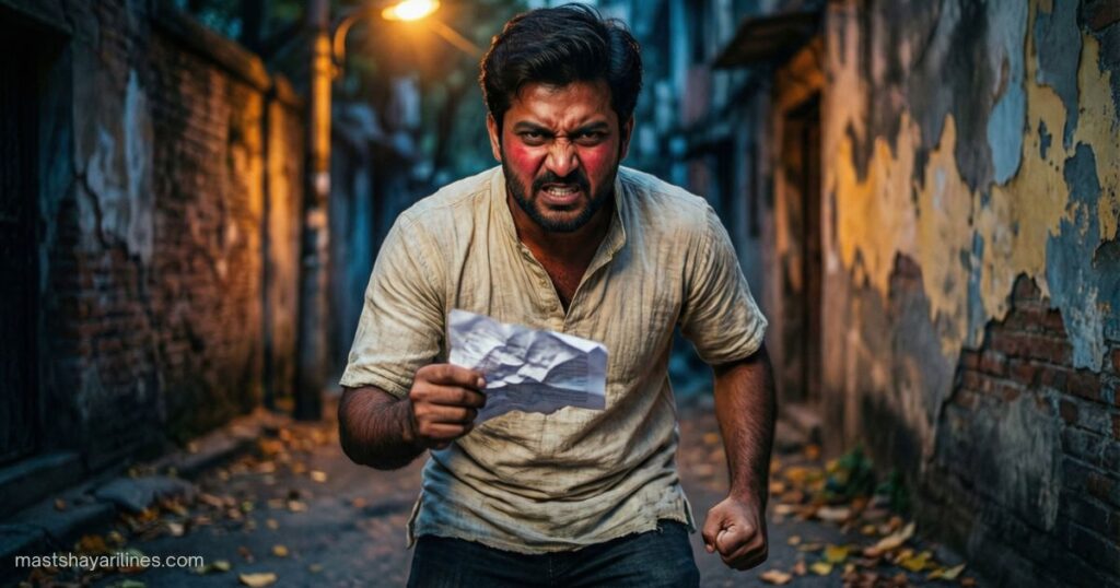 “Hindi Gussa Shayari on a dark red and black background expressing anger.”