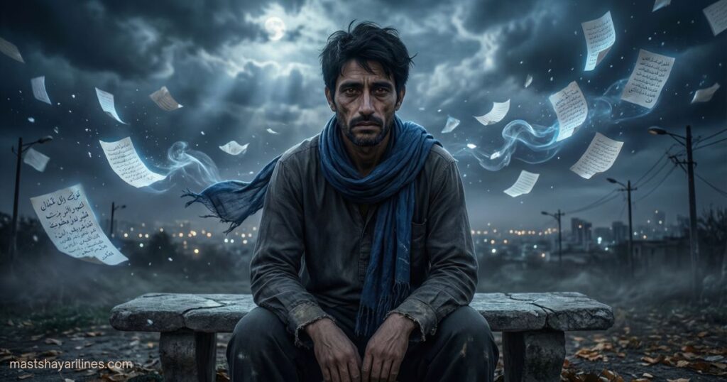 "Person sitting alone under a dark sky, surrounded by floating poetry, reflecting sadness and bad luck."