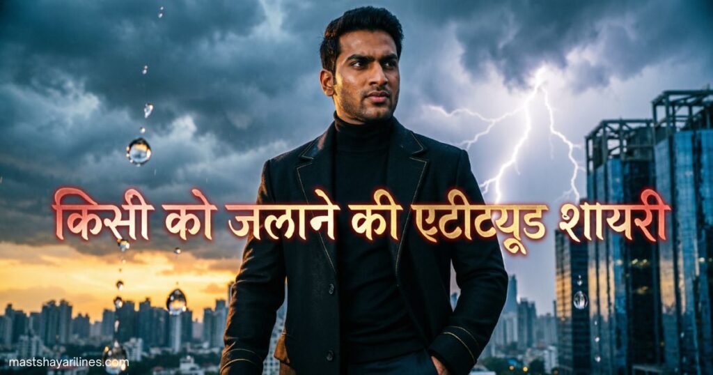 Confident person with bold Hindi text “Kisi Ko Jalane Ki Attitude Shayari” on a dramatic background.