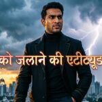 Confident person with bold Hindi text “Kisi Ko Jalane Ki Attitude Shayari” on a dramatic background.