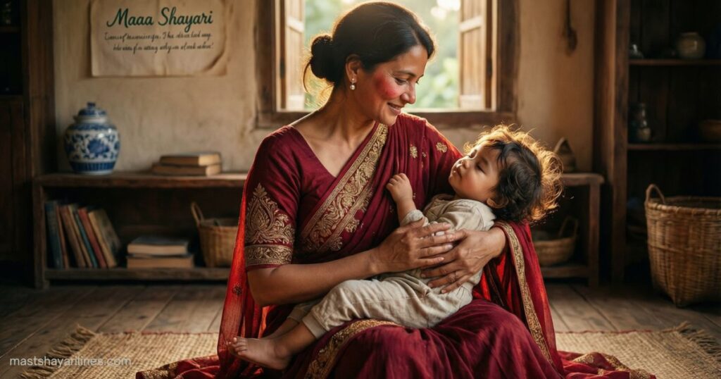 "Mother lovingly holding her child."