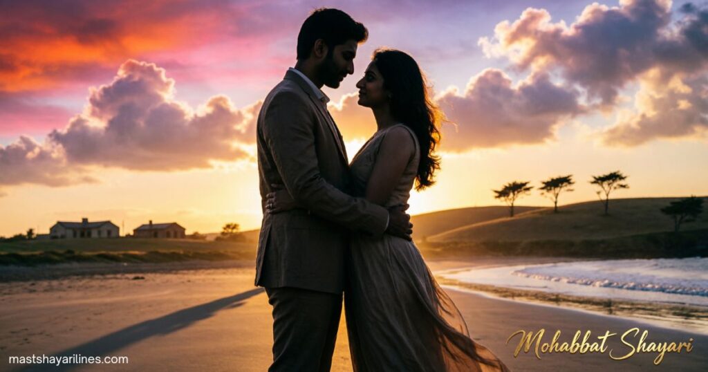 Romantic couple silhouette at sunset symbolizing love.