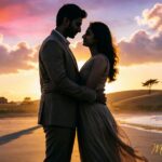 Romantic couple silhouette at sunset symbolizing love.