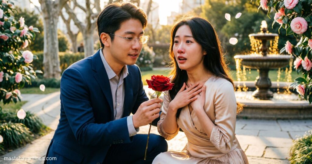 "Man giving a rose to woman, romantic proposal moment."