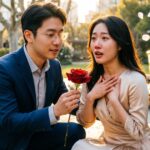 "Man giving a rose to woman, romantic proposal moment."