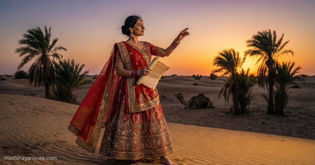 "Rajasthani woman in colorful attire reciting poetry in a desert setting."