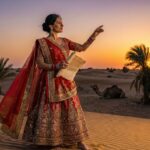 "Rajasthani woman in colorful attire reciting poetry in a desert setting."