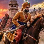 “Rajput warrior on horseback against a sunset with a fort in the background.”