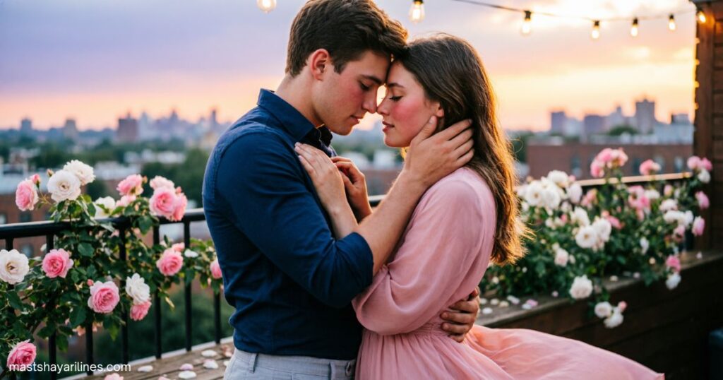 A couple sharing a tender kiss in a warm, romantic glow.