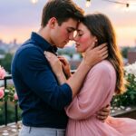 A couple sharing a tender kiss in a warm, romantic glow.
