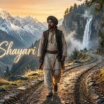 "Scenic road through mountains with Hindi travel poetry overlay."