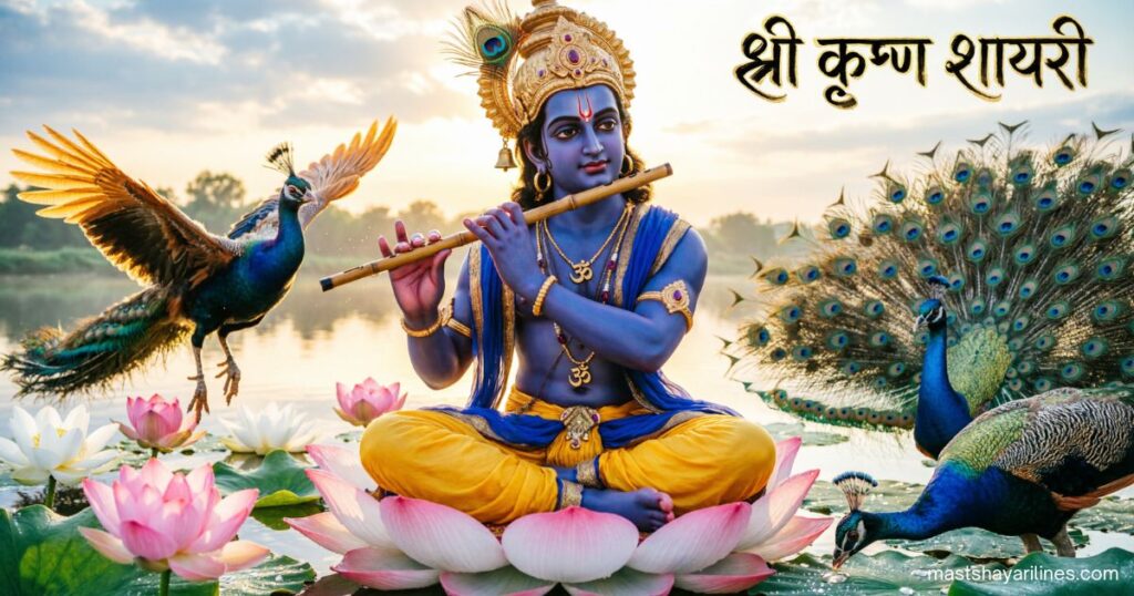 Lord Krishna playing the flute with peacocks and lotus flowers, text “श्री कृष्ण शायरी” in Hindi.