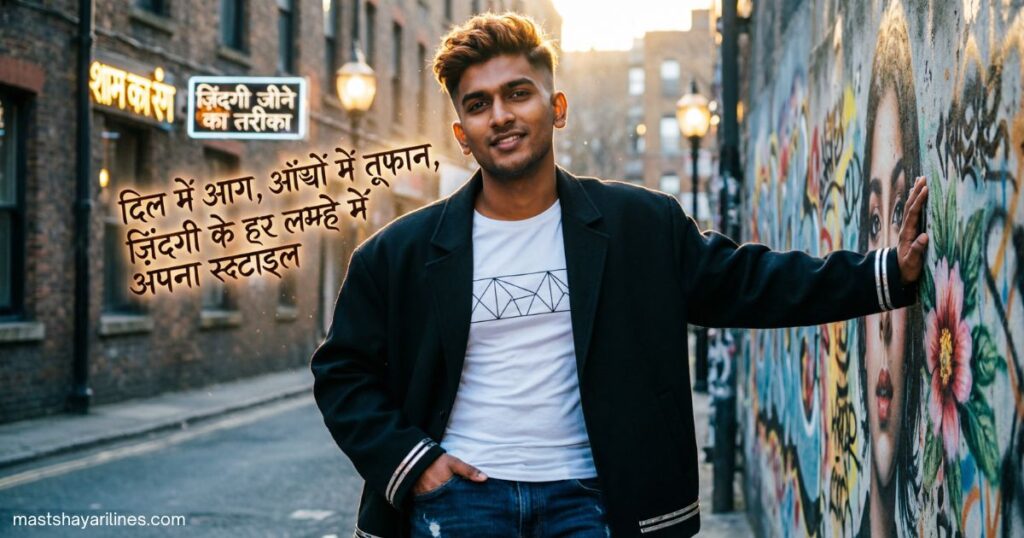 Young person in stylish attire with bold Hindi shayari text, exuding attitude.