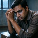 Sad person sitting alone in the dark, representing difficult times.