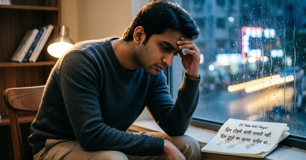 A person sitting alone by a rainy window at night, looking heartbroken.