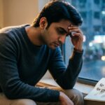 A person sitting alone by a rainy window at night, looking heartbroken.