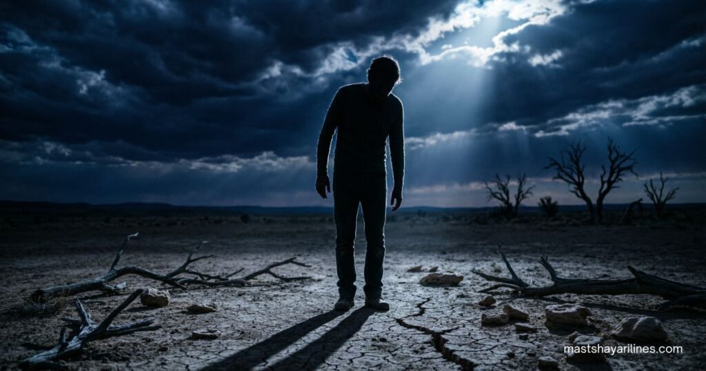 A lone silhouette under a dark sky, symbolizing betrayal and selfish people.
