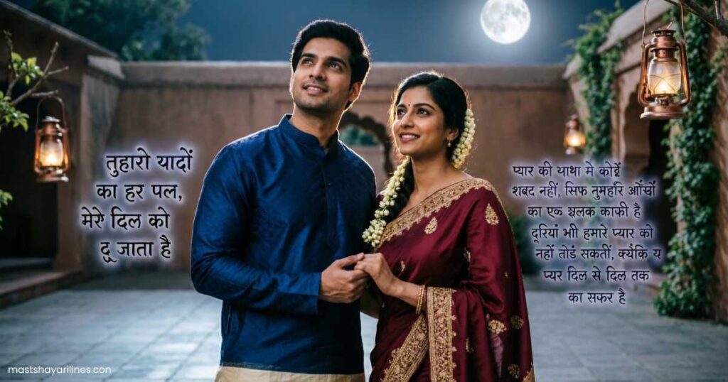 Couple under moonlight with Hindi love Shayari around them.