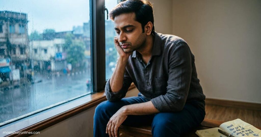 A person sitting alone by a rainy window, expressing sadness.