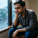 A person sitting alone by a rainy window, expressing sadness.