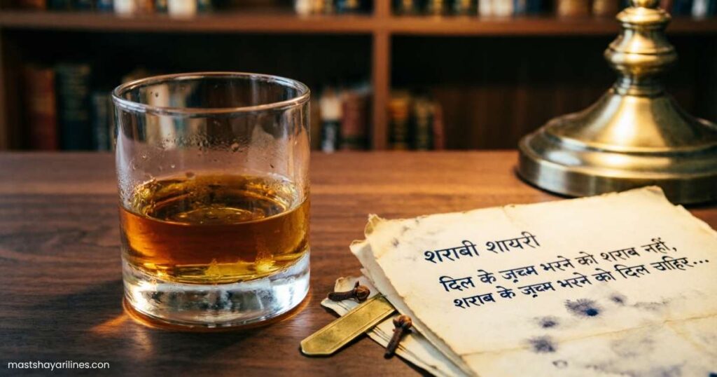 Glass of whiskey on a wooden table with Hindi poetry pages, warm moody lighting.